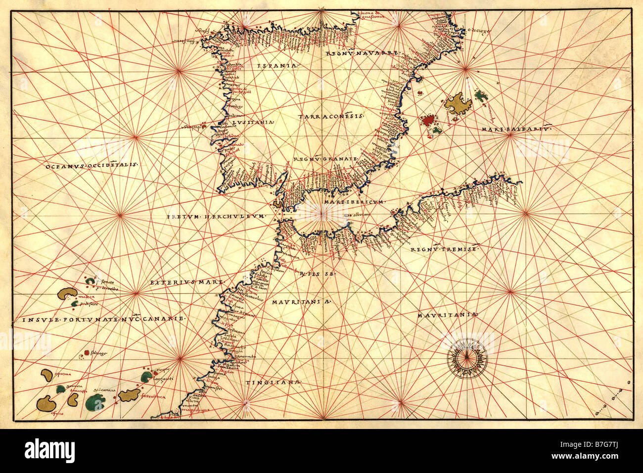 Portolan or Navigational Map of the Spain, Gibraltar & North Africa Stock Photo
