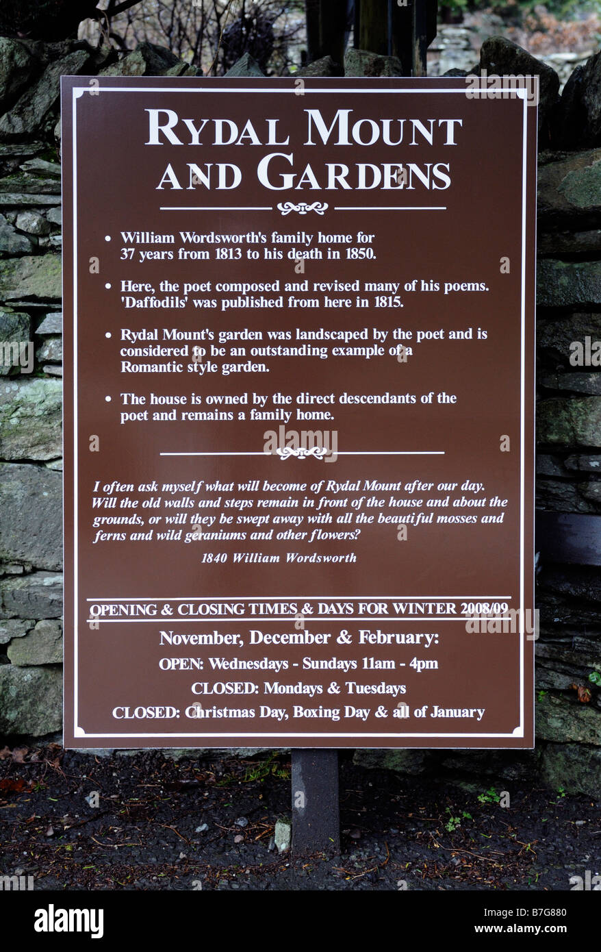 Information sign board, Rydal Mount and Gardens. Rydal, Lake District National Park, Cumbria, England, United Kingdom, Europe. Stock Photo