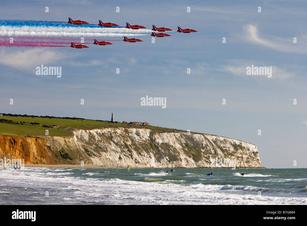 The Red Arrows over Sandown Bay, Isle of Wight Stock Photo