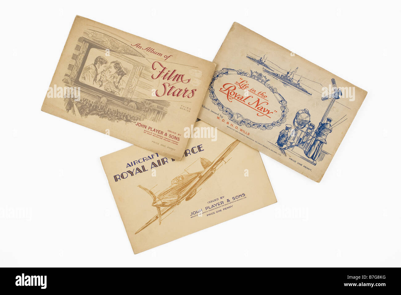 cigarette card albums Cigarette Card albums issued by John Player & Sons & W.D.H.O. & Wills  featuring Film Stars, Navy Life,Aircraft of Royal Airforce Stock Photo