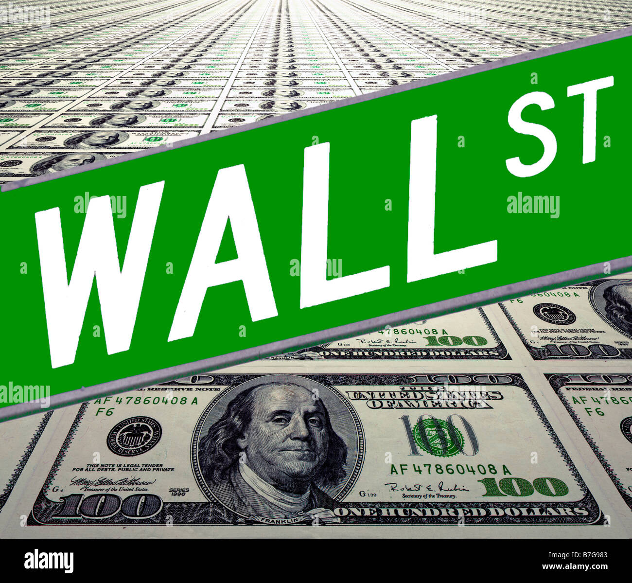 Wall Street street sign with background 100 bills Stock Photo Alamy