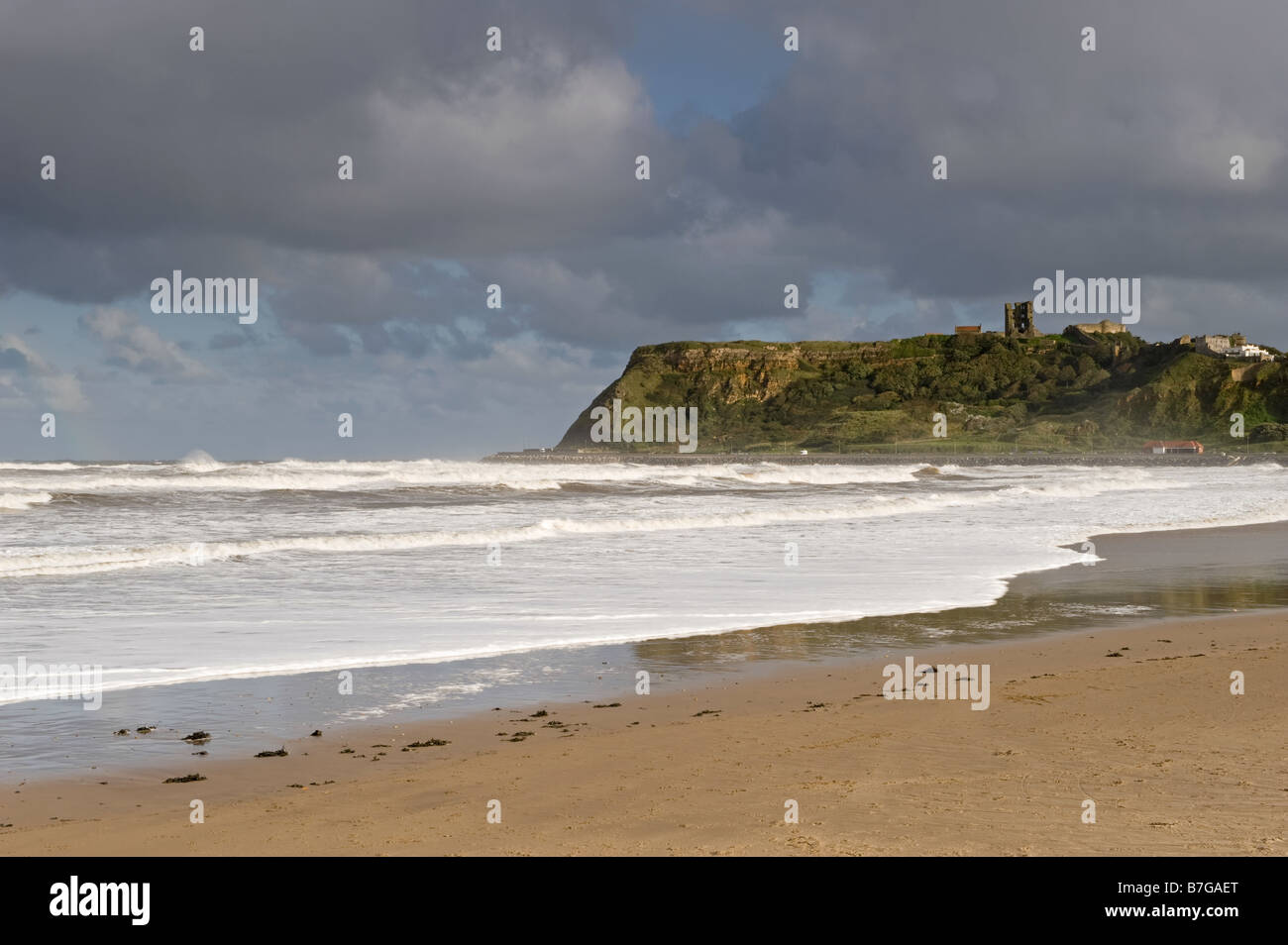 A view of Scarborough Castle and North Bay taken from the beach. Stock Photo