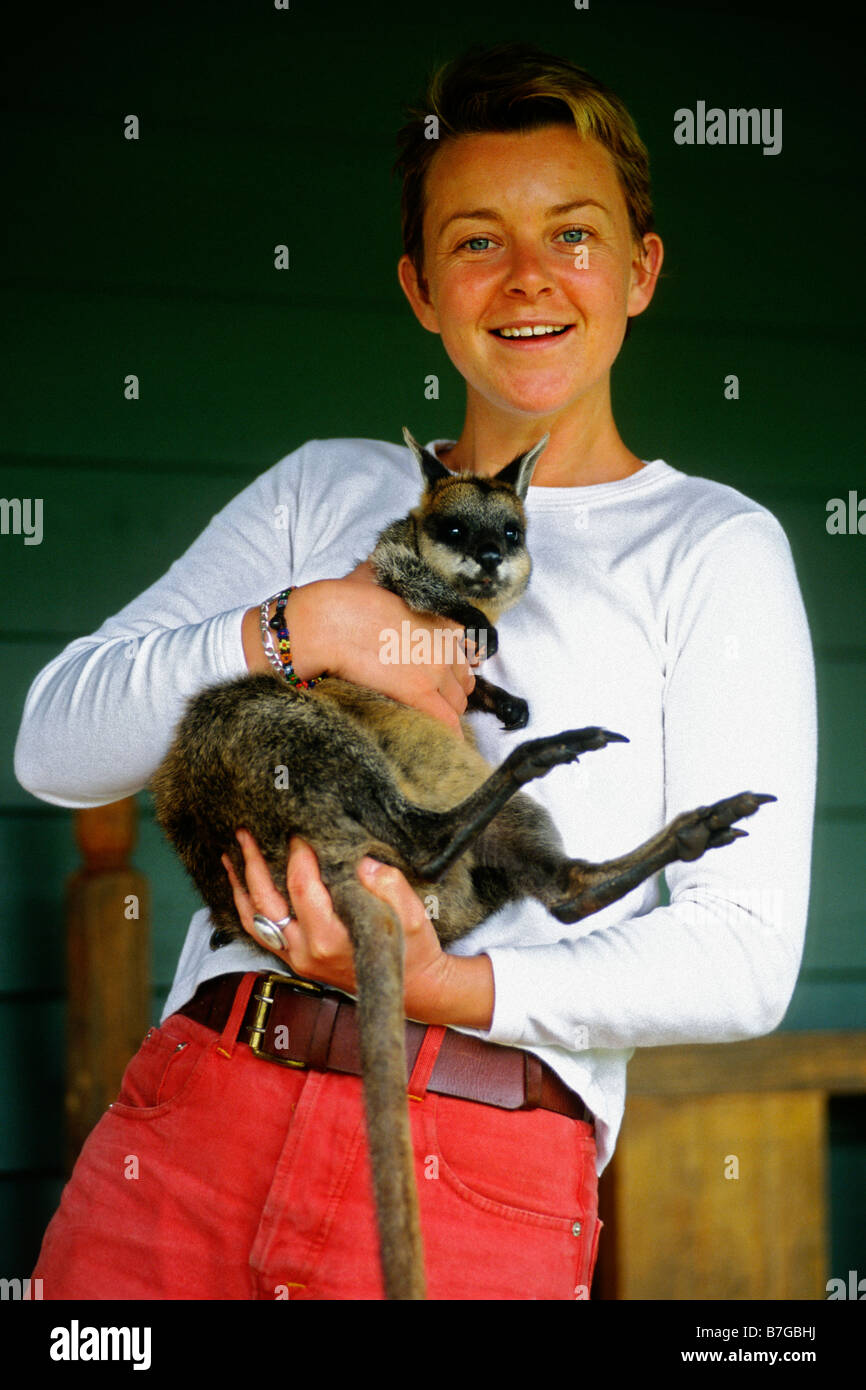 Queensland Australia A tourist holds a pet wallaby Photo Simon Grosset Stock Photo