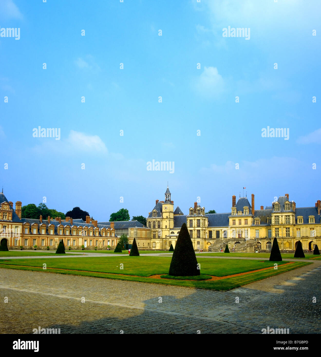 Gardens and White Horse or Farewell courtyard Chateau de Fontainebleau France Stock Photo