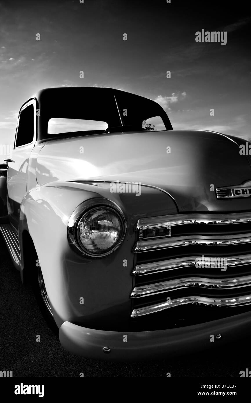 A shiny old Chevy truck on a sunny late summer evening. Stock Photo