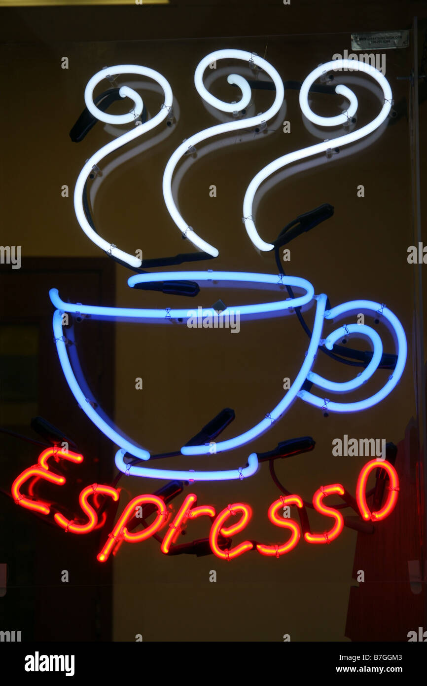 Espresso neon sign in a store window, Ventura, California, USA Stock Photo
