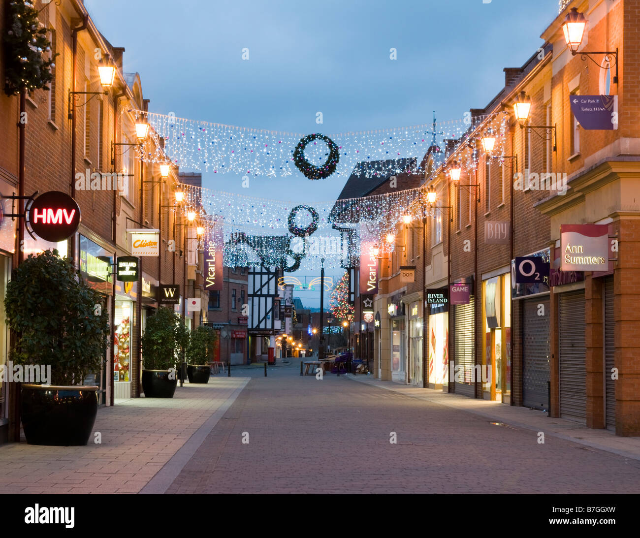 Vicar Lane shopping precinct Chesterfield at night during Christmas