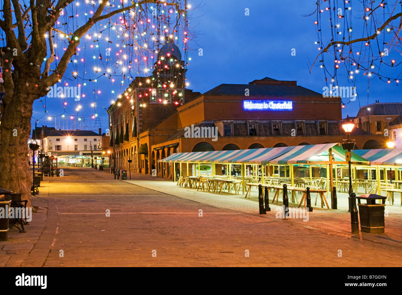 Chesterfield Market hall and stalls at night during Christmas