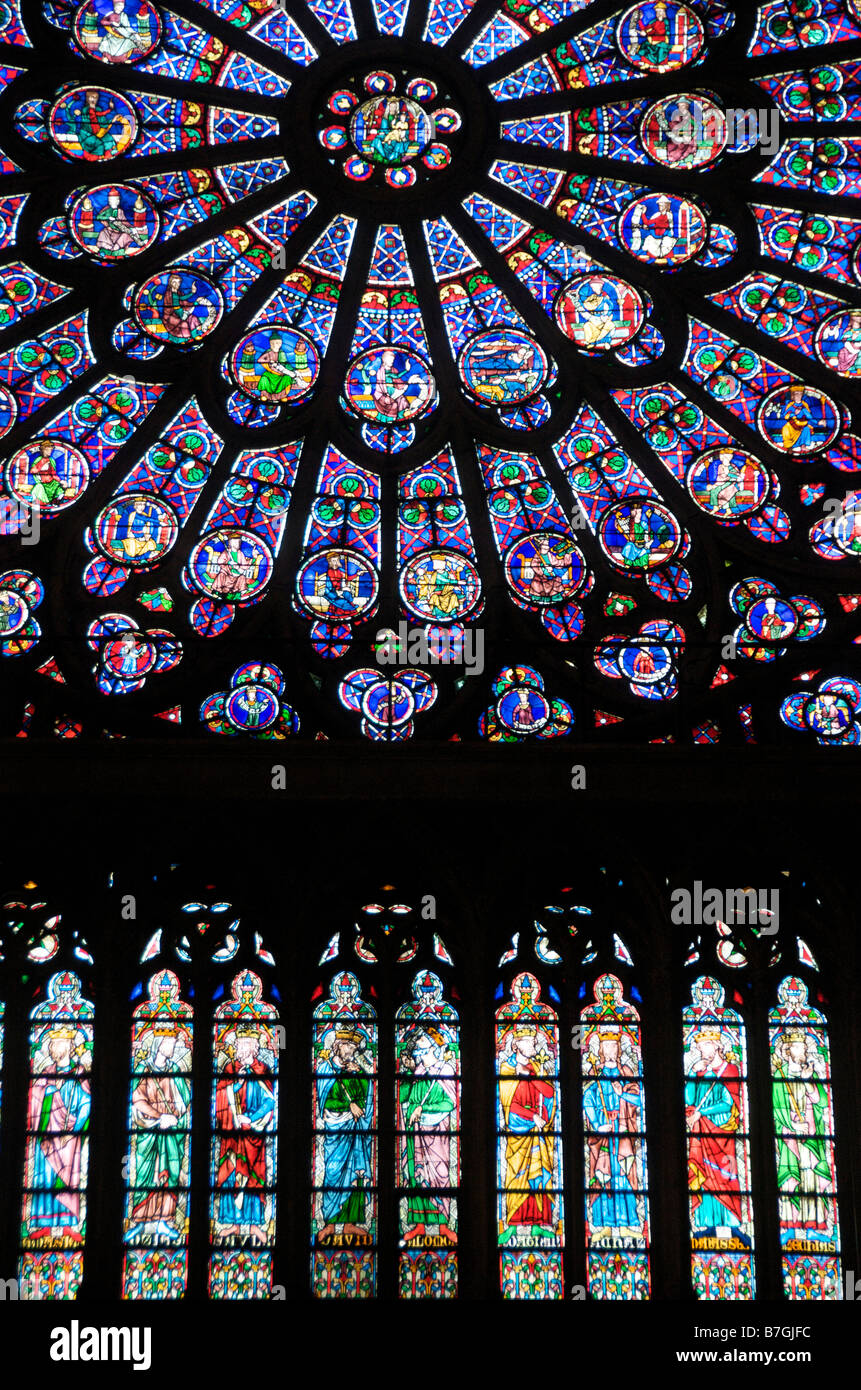 Stained glass windows including the famous Rose Window in Notre Dame, Paris Stock Photo