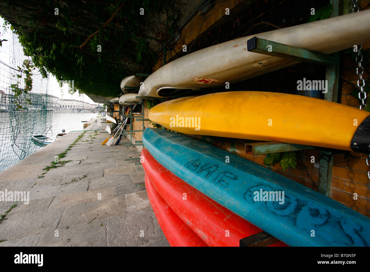 Po river, Canoes, Canoeing, Turin, Piedmont, Italy, Landscape Stock Photo