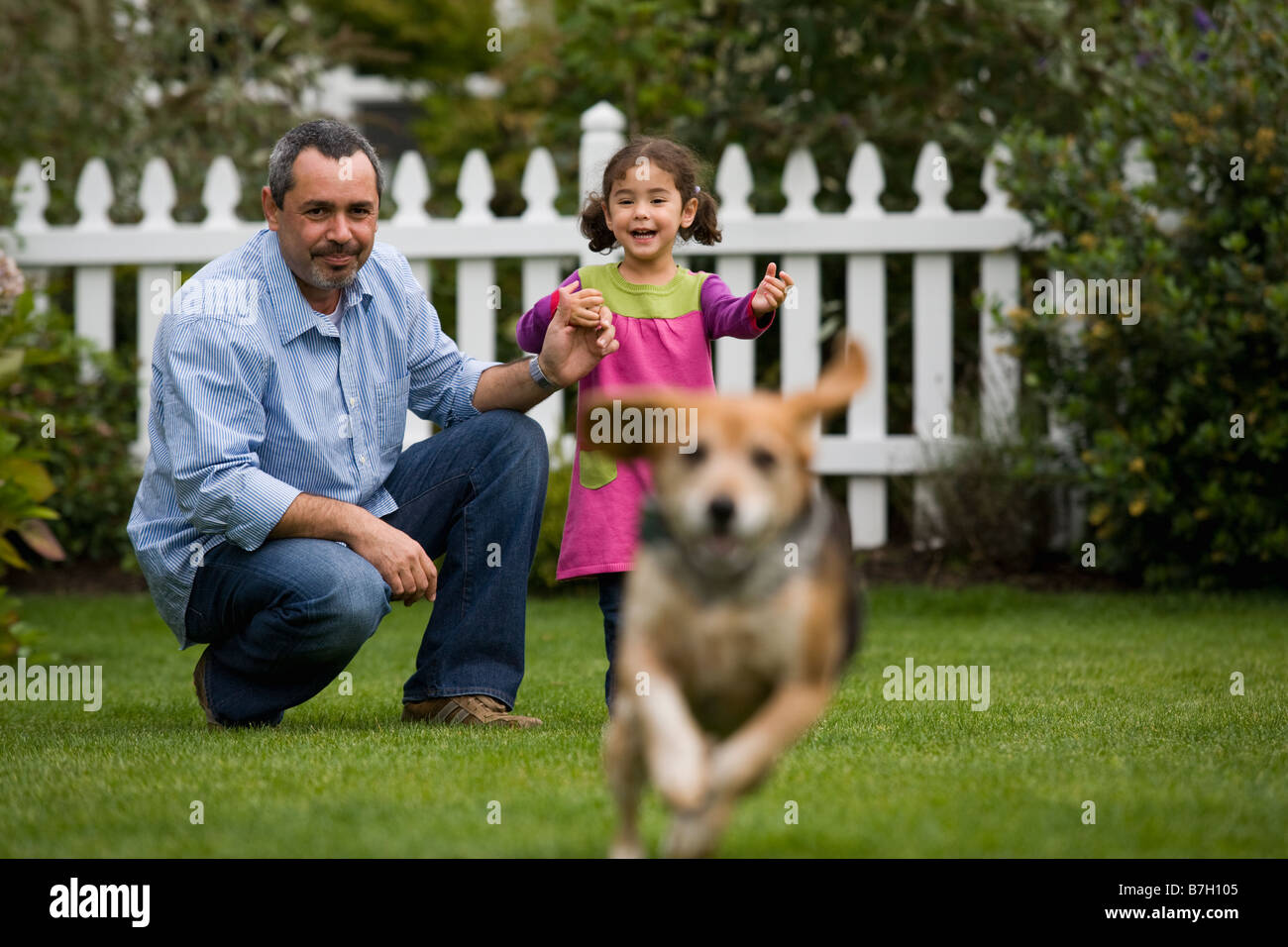 Father and daughter watching dog in backyard Stock Photo