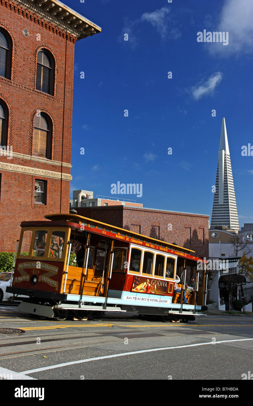 San Francisco, California. California Street Cable Car and Transamerica Building. Stock Photo