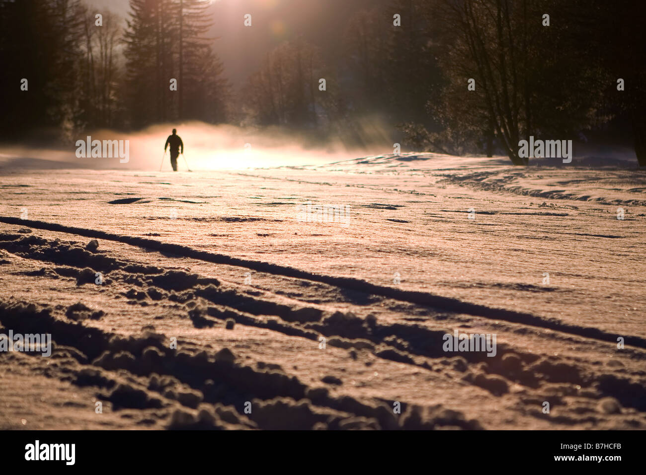 A cross country skier walks into a misty sunset in Chamonix Stock Photo