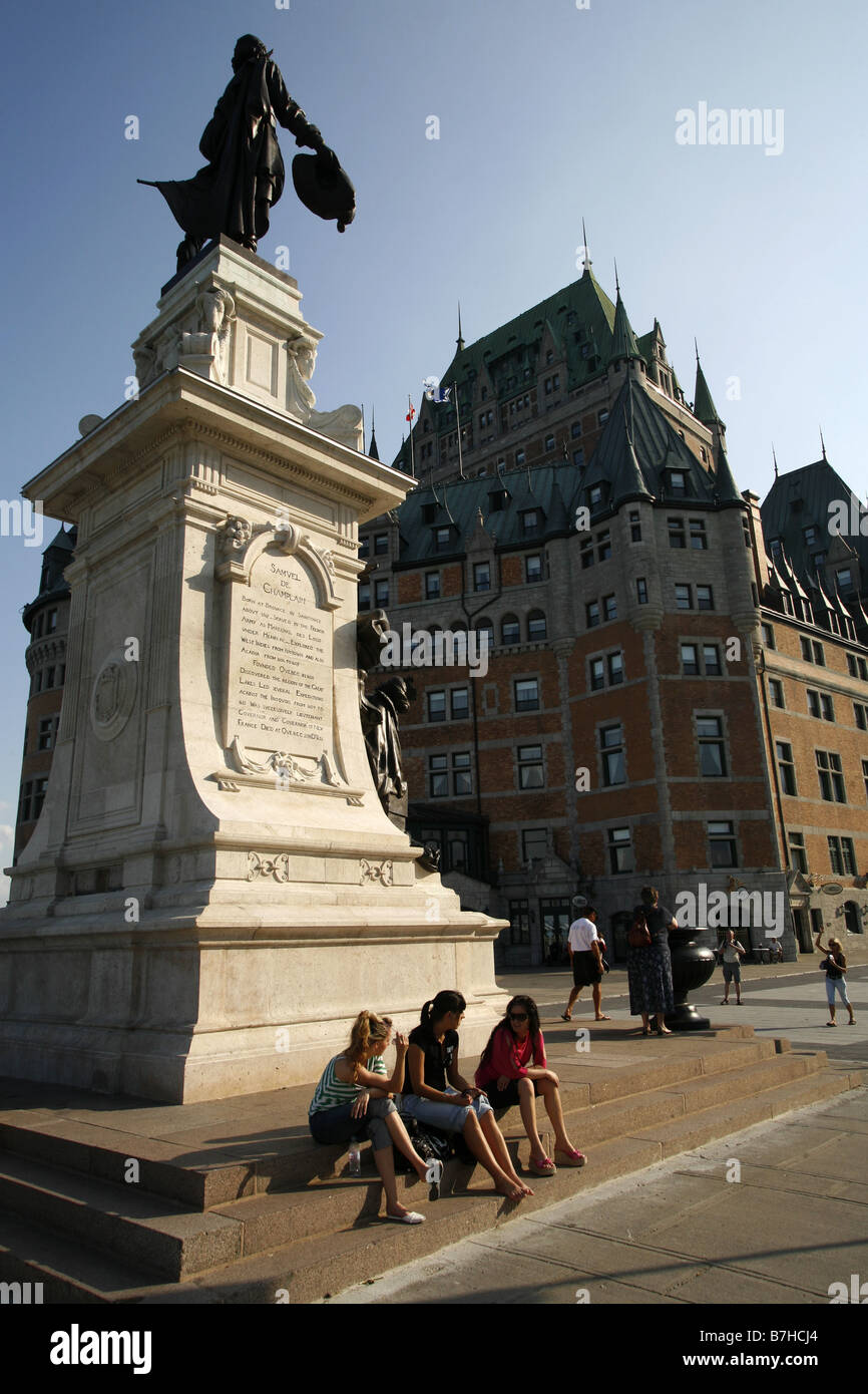 Samuel de Champlain Statue & Château Frontenac, Quebec City, Quebec, Canada Stock Photo
