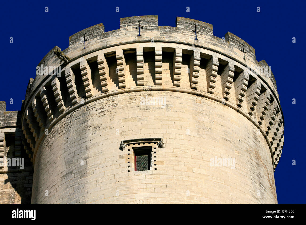 Close-up of the merlons on the battlement of a tower of the 15th century castle of King René (1409-1480) in Tarascon, France Stock Photo