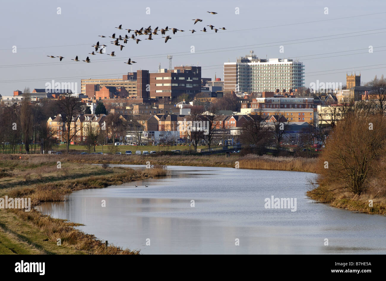View over River Nene to Northampton town centre, Northamptonshire, England, UK Stock Photo
