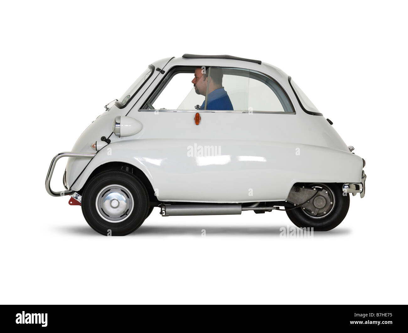 Bubble car, BMW Isetta, with man Stock Photo