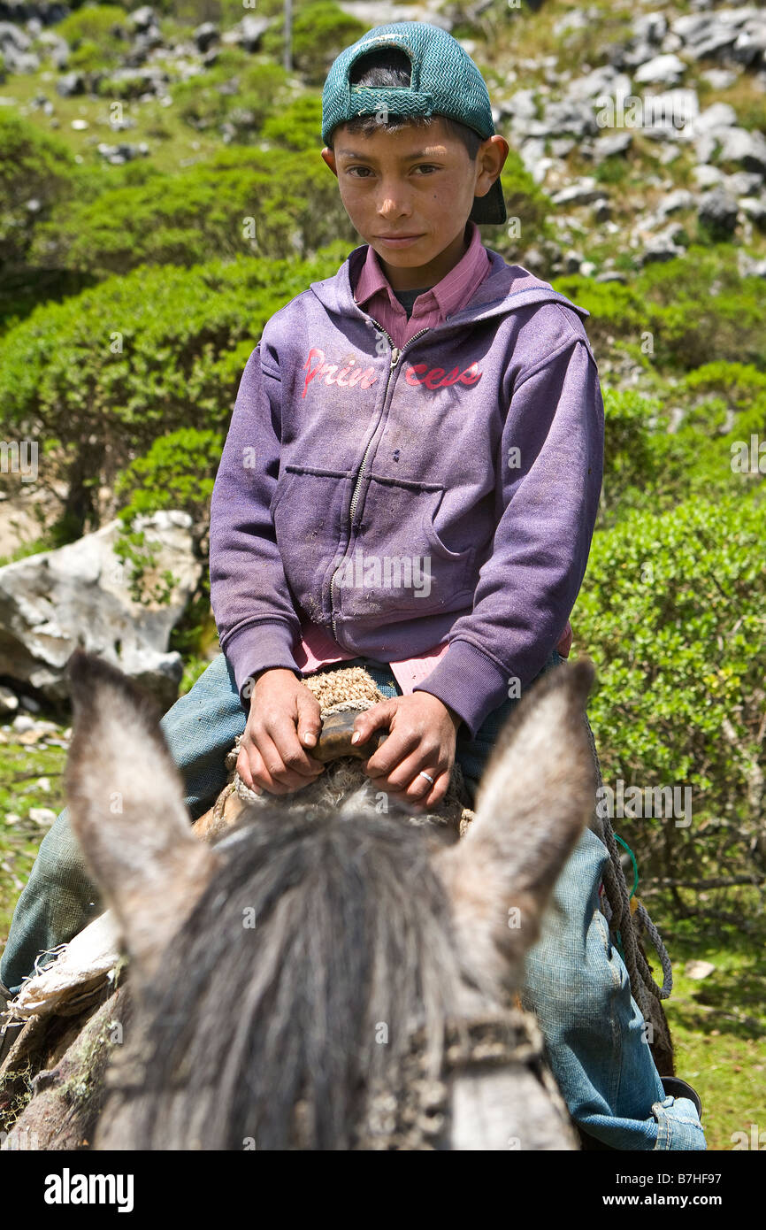 Guatemalan boy on horse near San Nicolas Western Highlands Guatemala Stock Photo