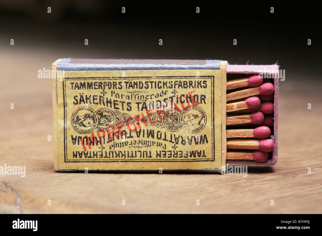 Old box of safety matches manufactured in Tampere Finland in 19th century Stock Photo