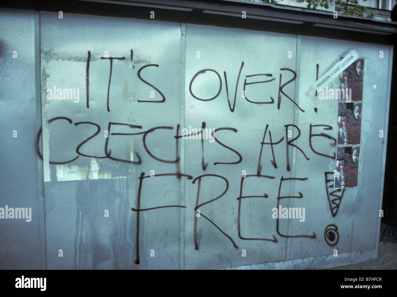 Slogan painted on a bus shelter in Wenceslas square Prague just after the velvet revolution in 1989 Stock Photo