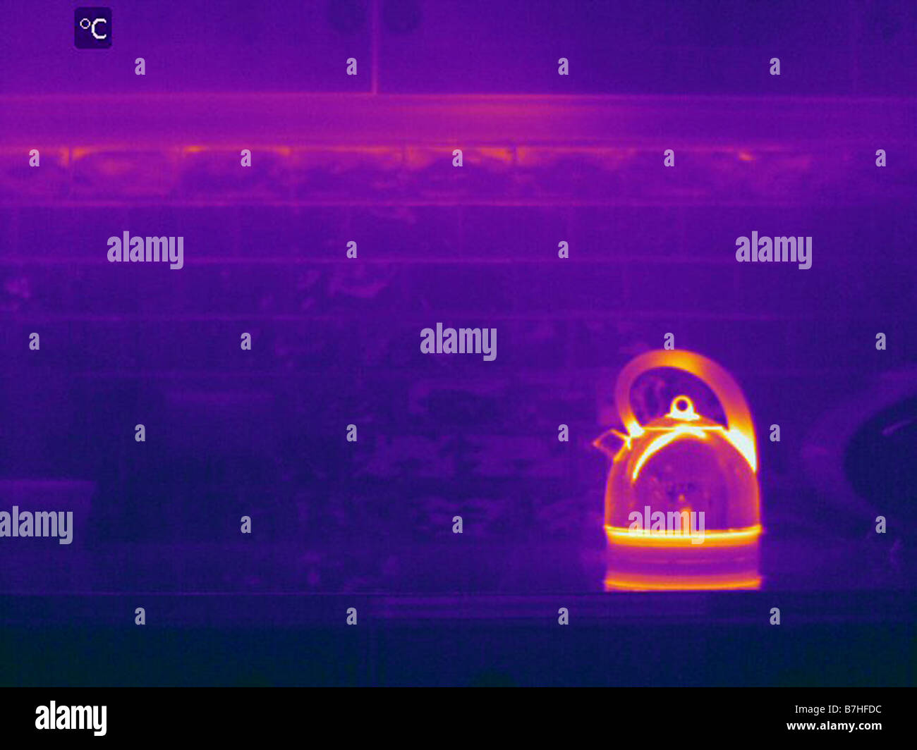 Infrared image of kettle in kitchen showing heat loss Stock Photo