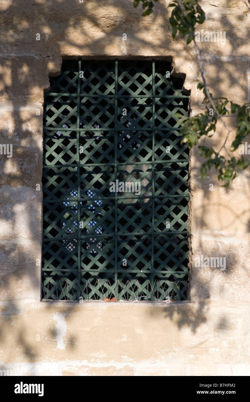 Hala Sultan Tekkesi mosque details of yellow stone wall and grenn window bars with beautiful tree shadow on it. Larnaca, Cyprus Stock Photo