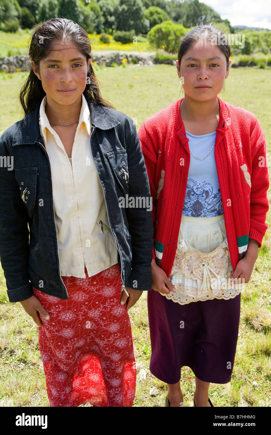 Two teenage girls posing San Nicolas, Western Highlands, Guatemala Stock Photo