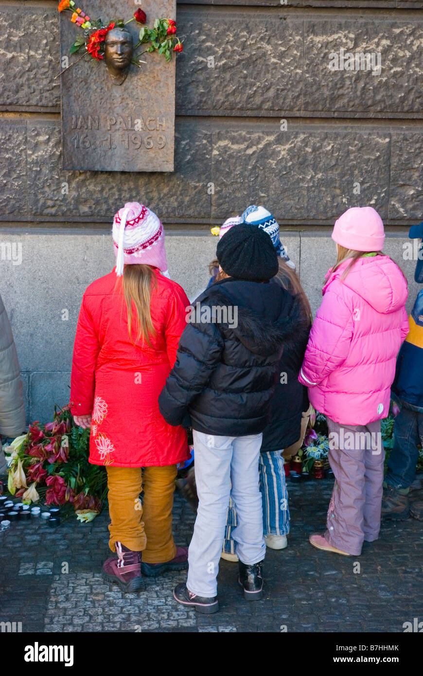 Wreaths and flowers at Jan Palach memorial at nam Jana Palacha to mark 40th anniversary of him burning himself alive in 1969 Stock Photo