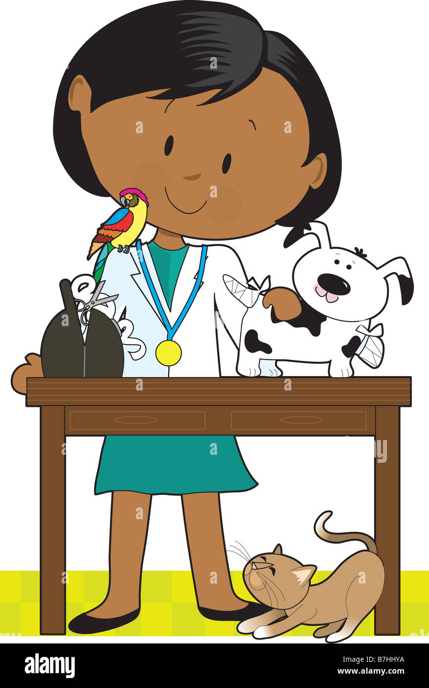 Black woman veterinarian tending to a dog A parrot sits on her shoulder and a cat is under the table Stock Photo