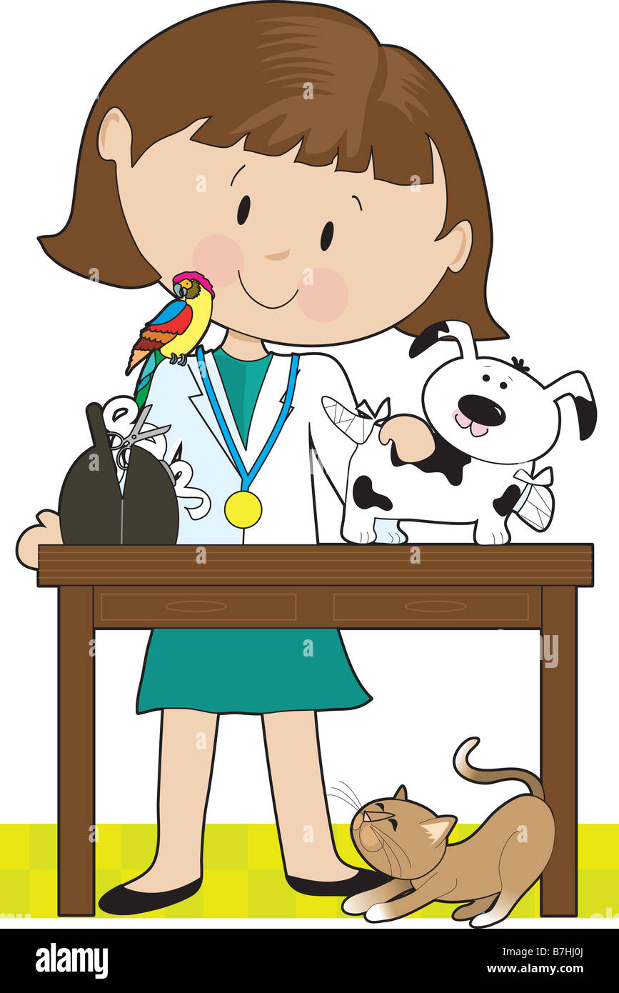 Woman veterinarian tending to a dog A parrot sits on her shoulder and a cat is under the table Stock Photo