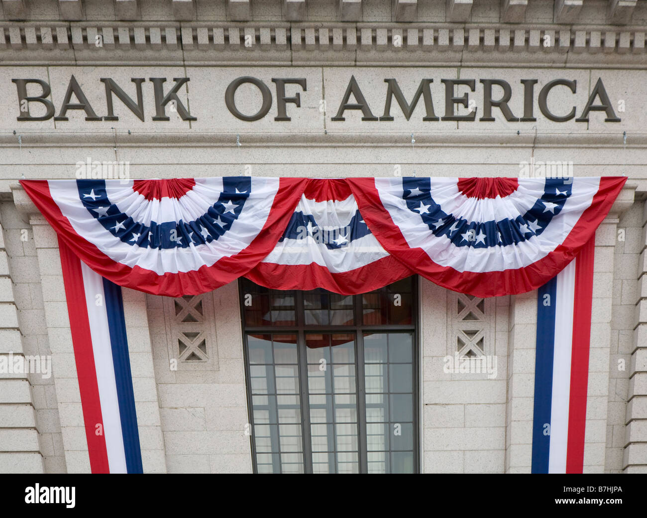 Washington DC A bank decorated with patriotic bunting for the presidential inauguration of Barack Obama Stock Photo