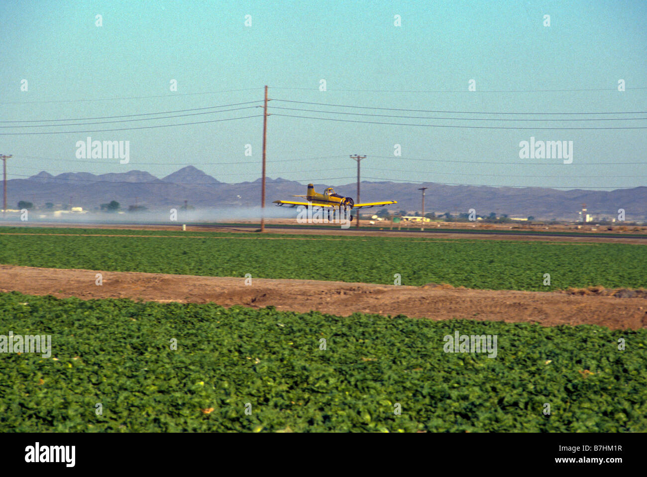 Cropduster aircraft sprays liquid bug killer onto crop in California Stock Photo