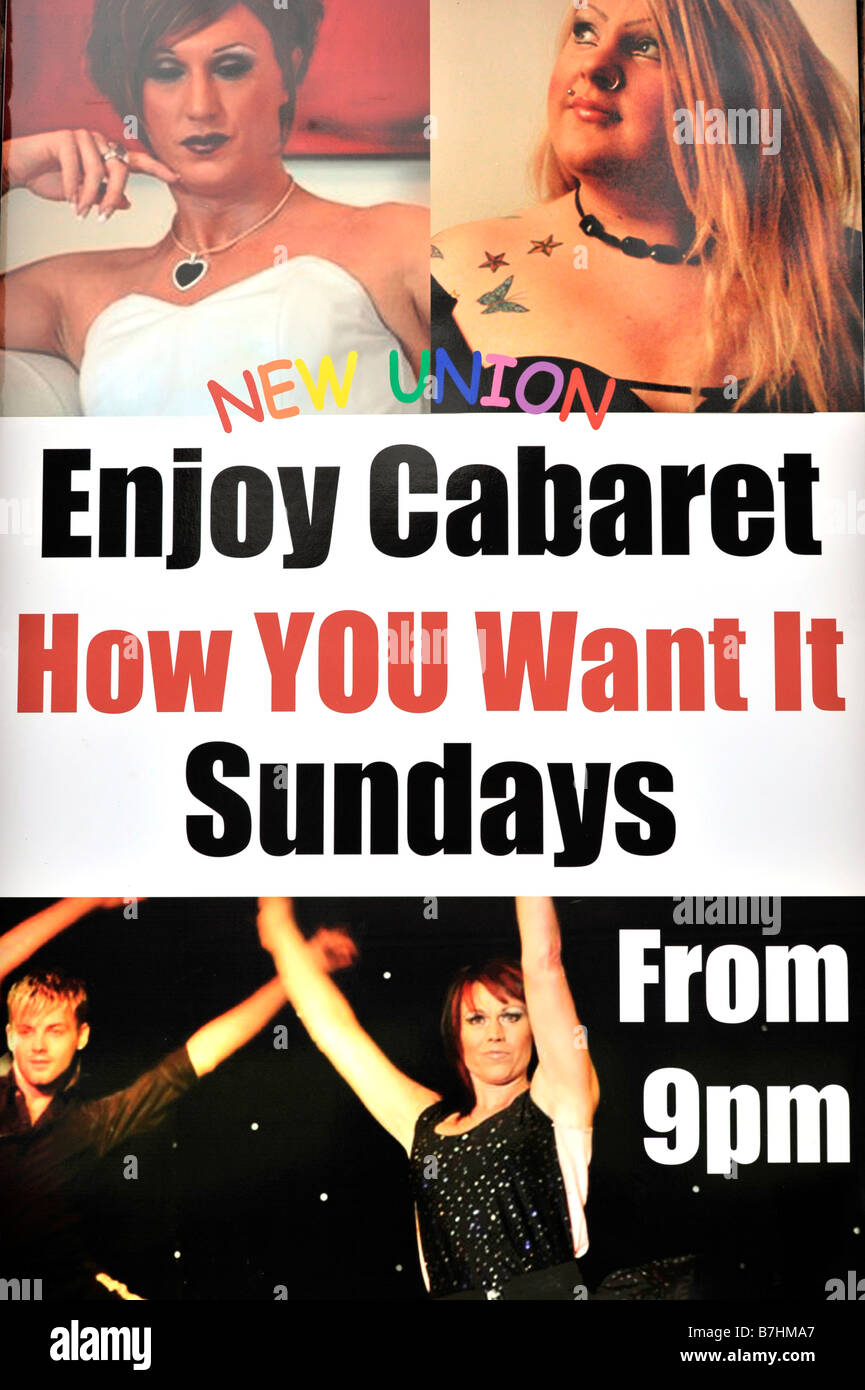 new union bar canal street gay village manchester poster transvestite enjoy cabaret how you want it north england uk Stock Photo
