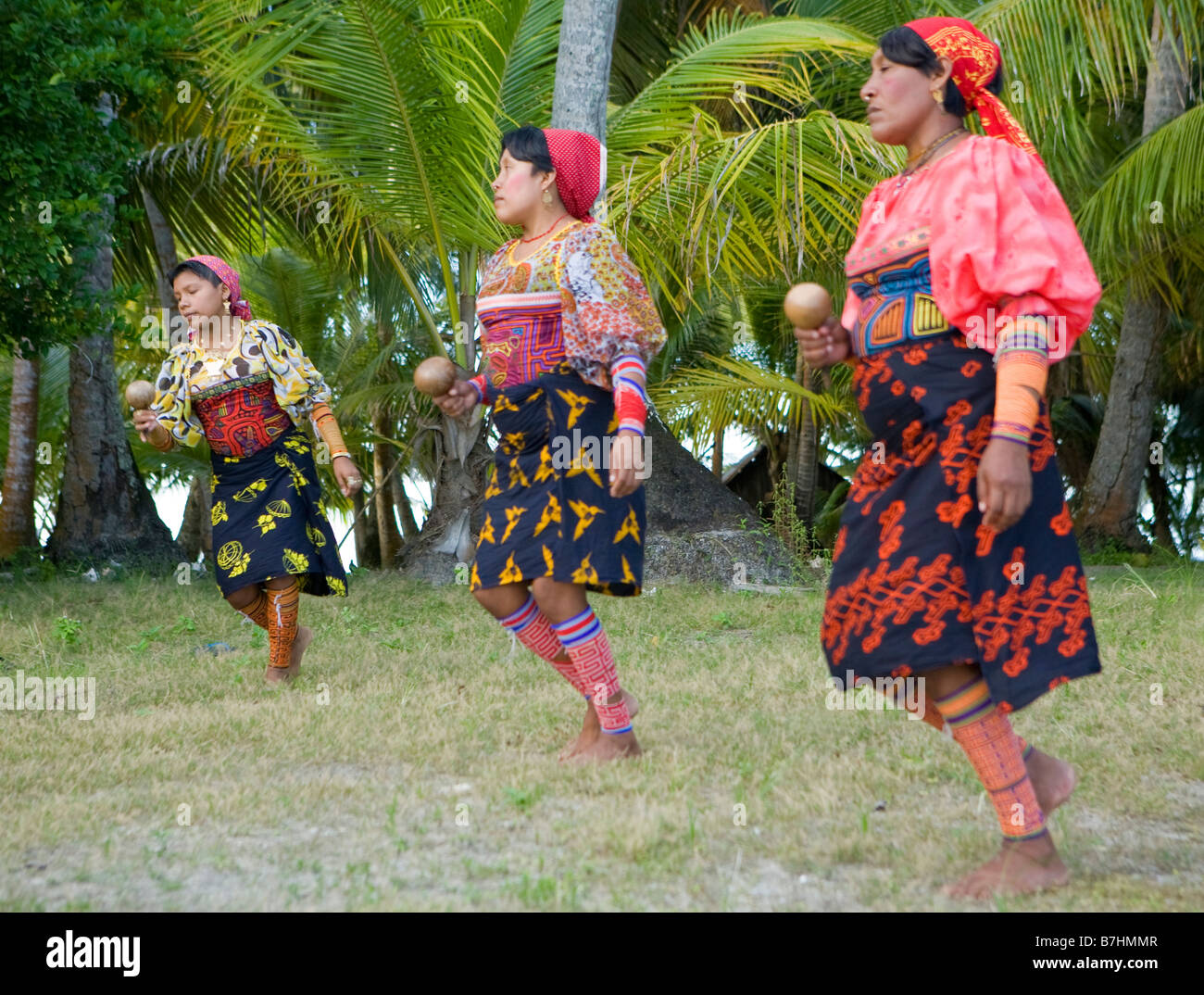 Local Kuna Indians practicing a traditional dance on Isla Pelikano San Blas Islands Panama Stock Photo