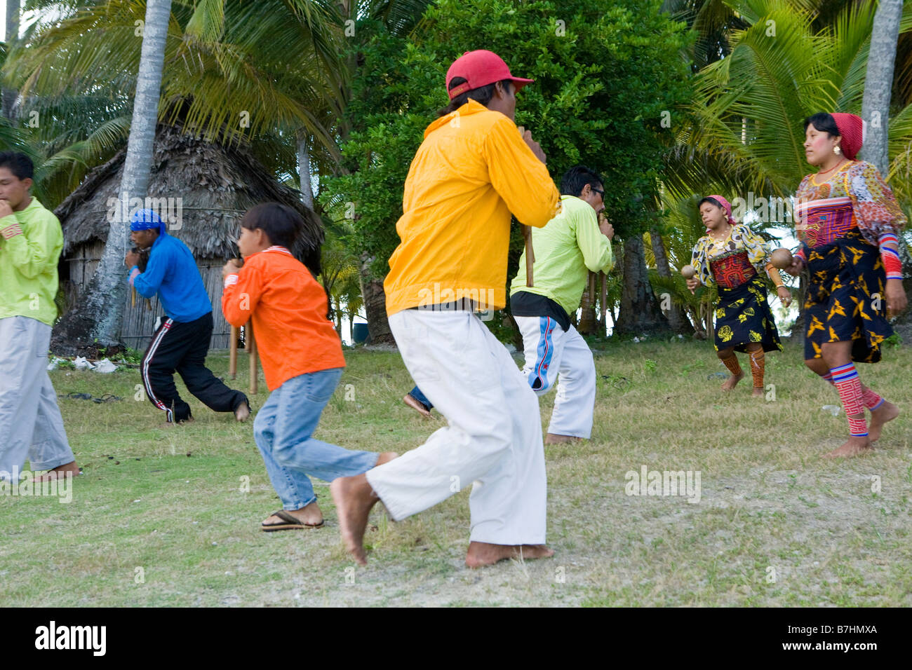 Local Kuna Indians practicing a traditional dance on Isla Pelikano, San Blas Islands, Panama Stock Photo