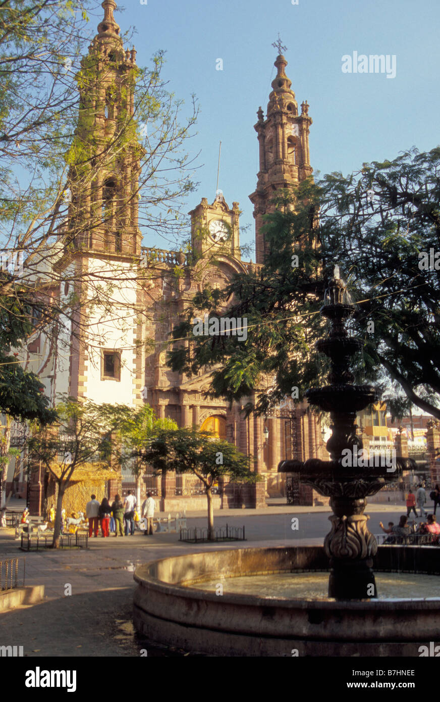 Plaza and fountain in front of Cathedral of Zamora Michoacan Mexico Stock Photo