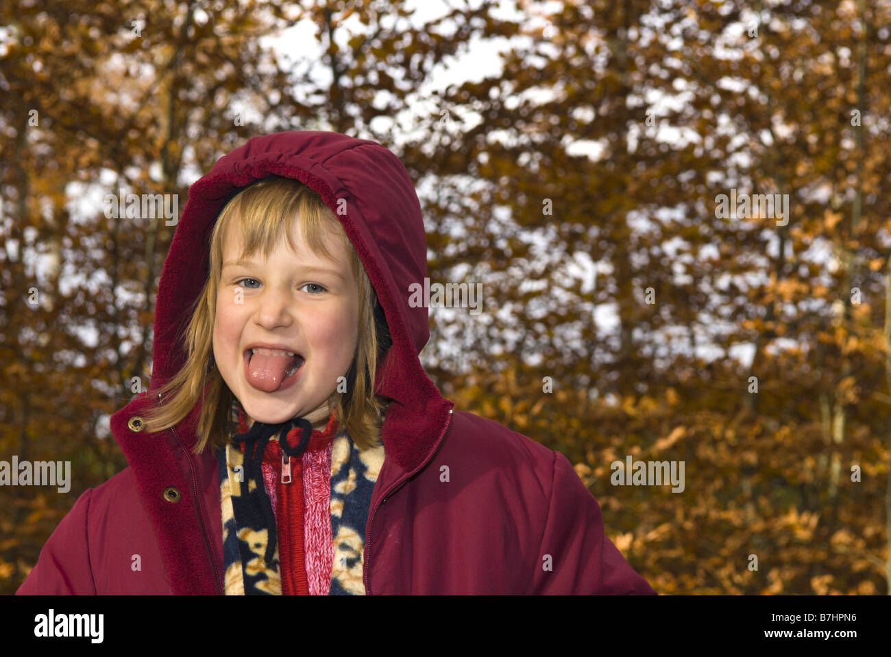 small blond girl with jacket and cap in an autumn forest, foolish around, poking her tongue out, France, Lorraine Stock Photo
