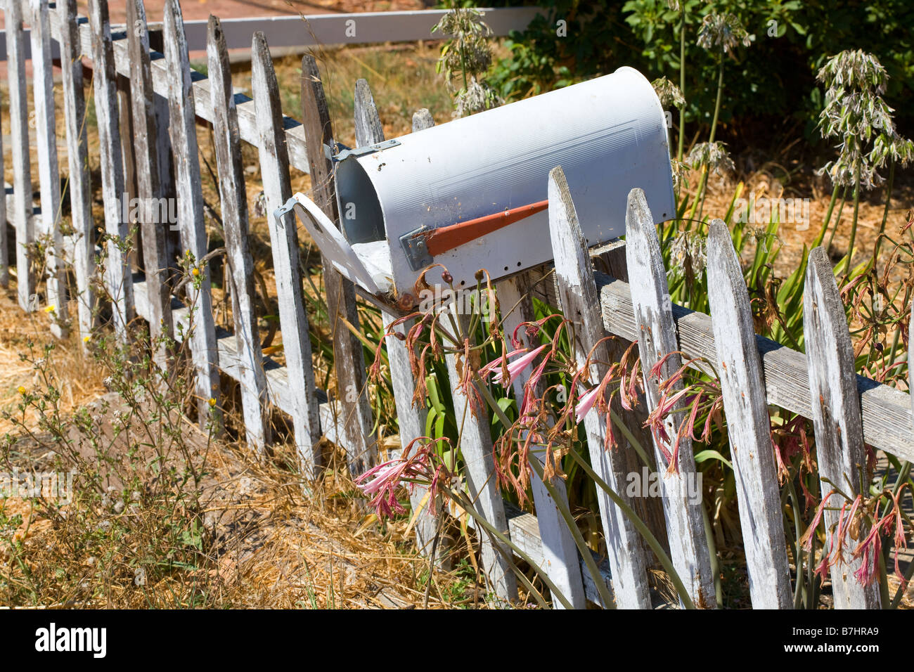 A mailbox sits along a picket fence. Stock Photo