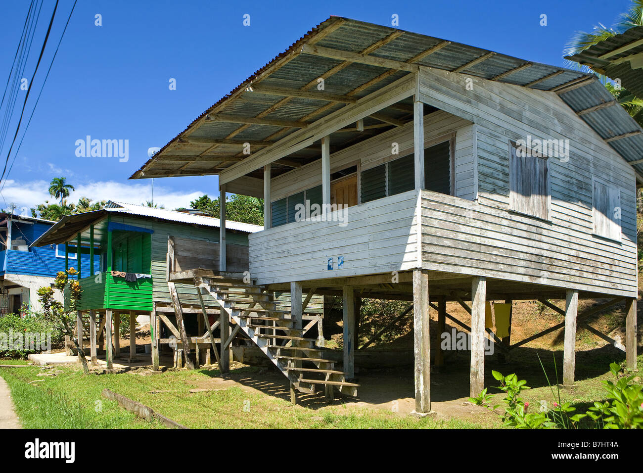 Typical Caribbean architecture on stilts in Old Bank, Isla Bastimentos, Bocas del Toro, Panama Stock Photo