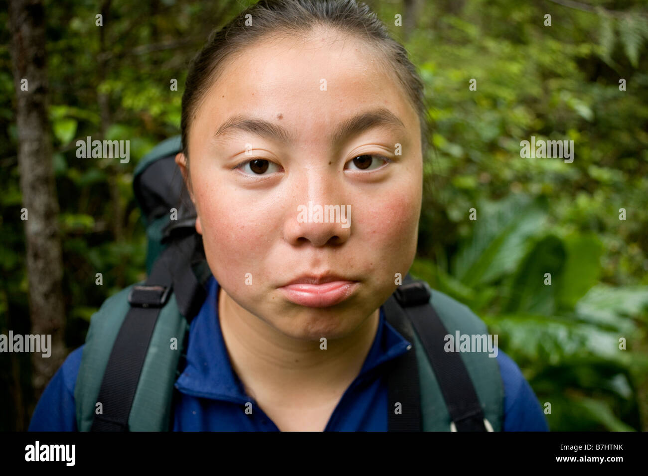 BRITISH COLUMBIA Ruth Spring expressing opinion after walking the muddy trails of the North Coast Trail in Cape Scott. Stock Photo