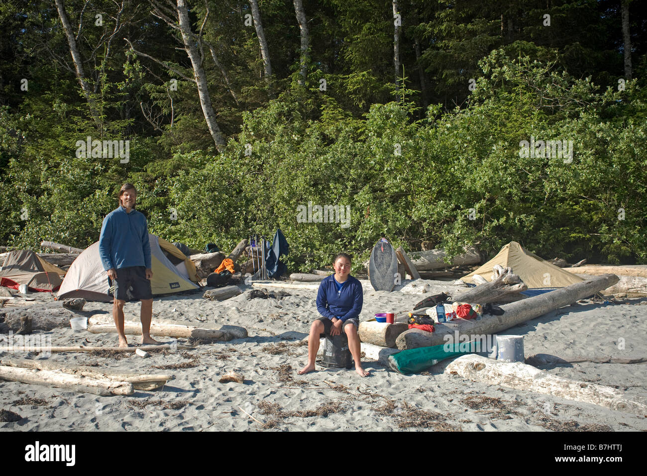 BRITISH COLUMBIA - Campsite at Nissen Bight along the North Coast Trail in Cape Scott Provincial Park on Vancouver Island. Stock Photo