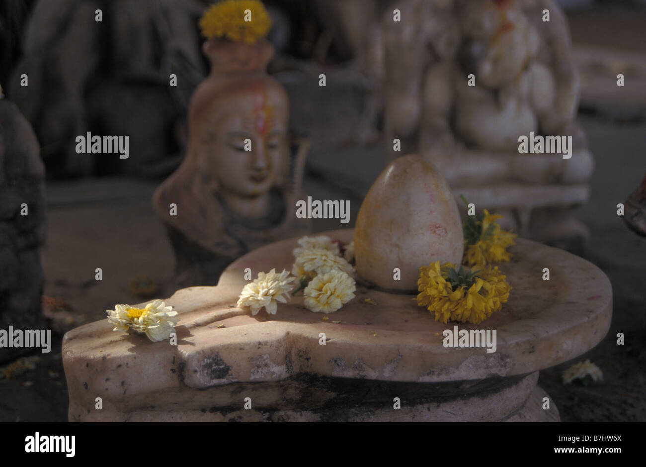 Hindu shrine with lingam shiva yoni flowers Pushkar Rajasthan India Stock Photo