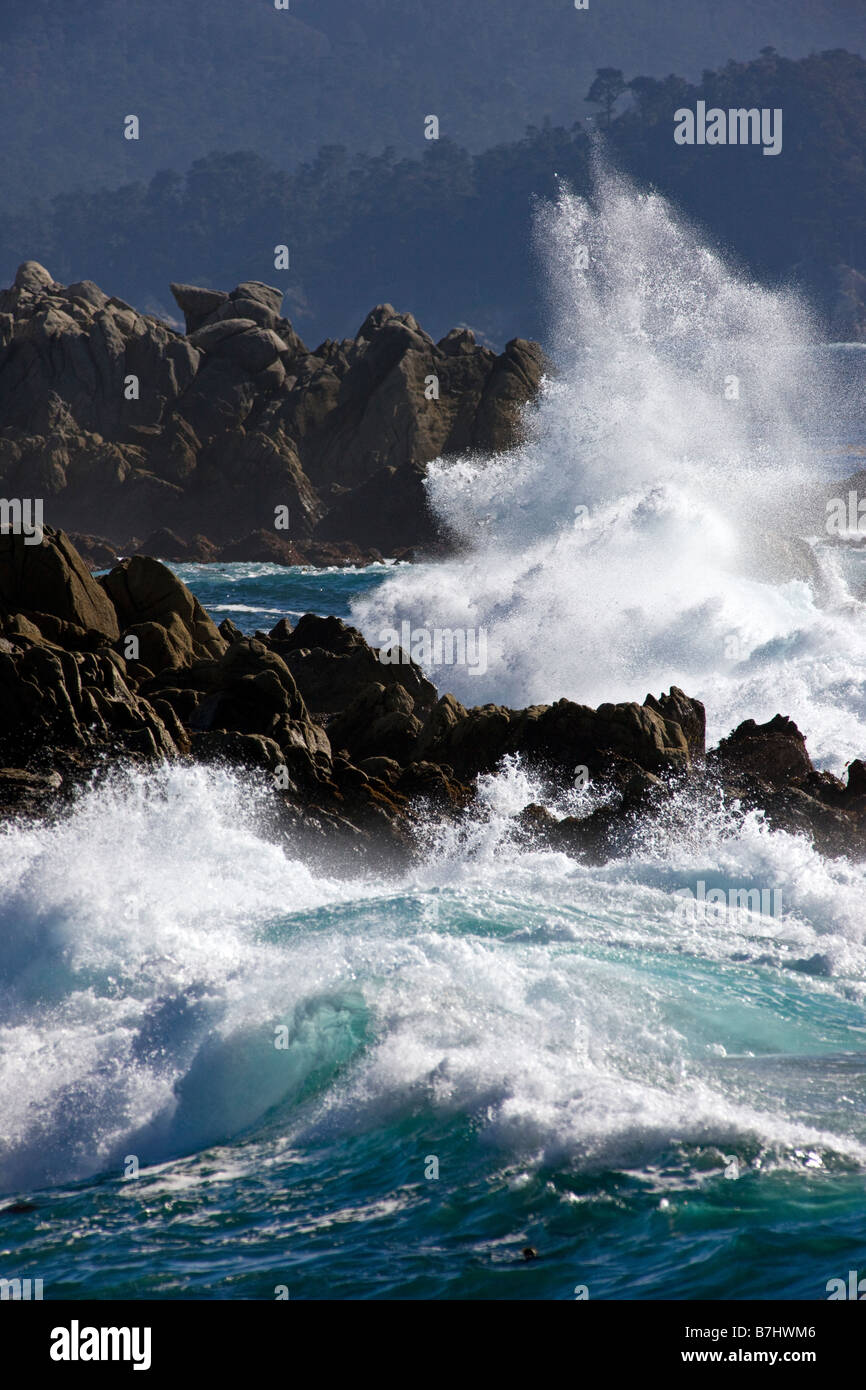 Pacific Ocean waves crashing ashore at Cypress Point Lookout, Pebble Beach, Monterey Peninsula, California, USA Stock Photo