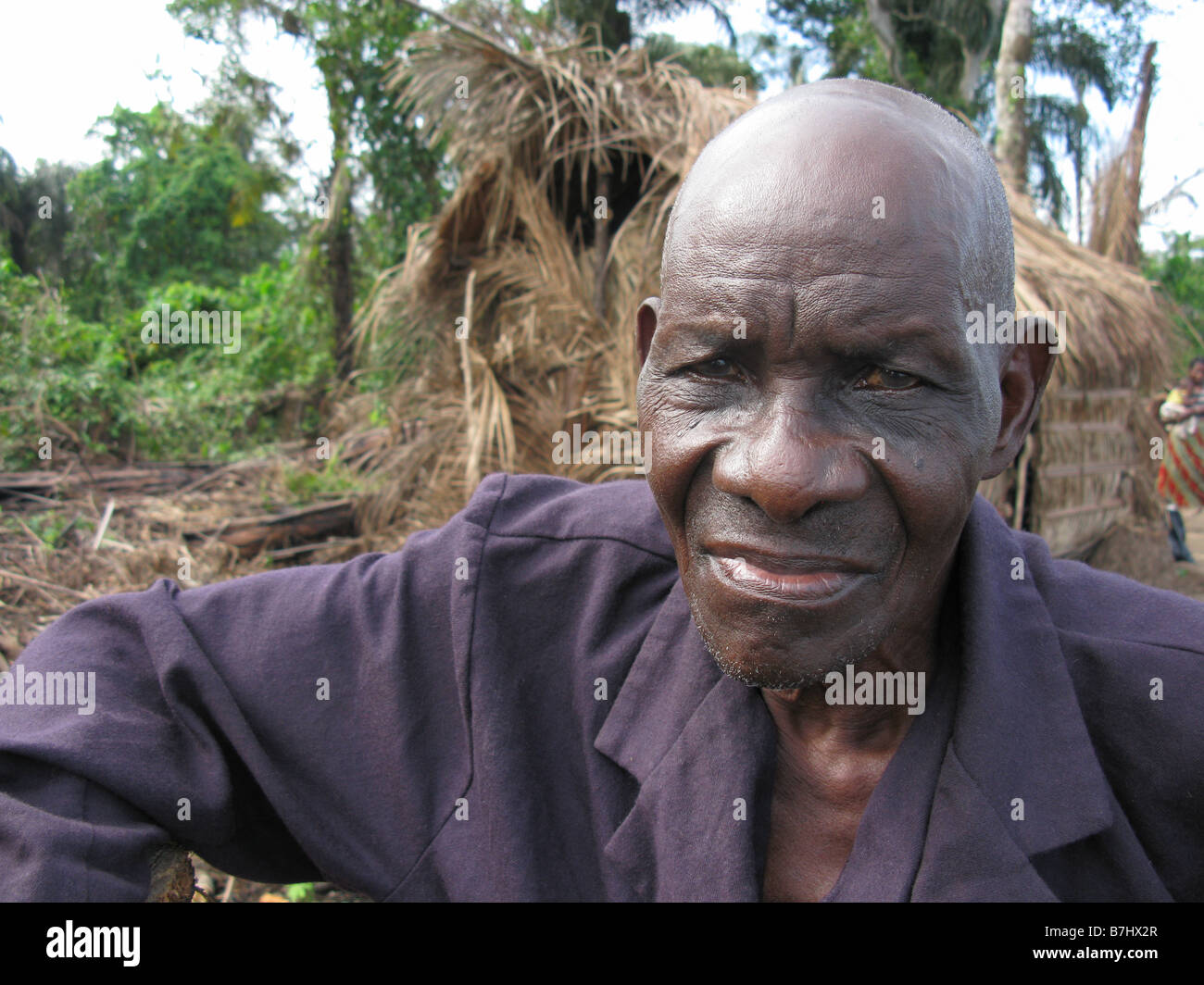 Portrait of dignified but sad old man of Engombe tribe Sumba Island lower Congo River Democratic Republic of Congo Stock Photo