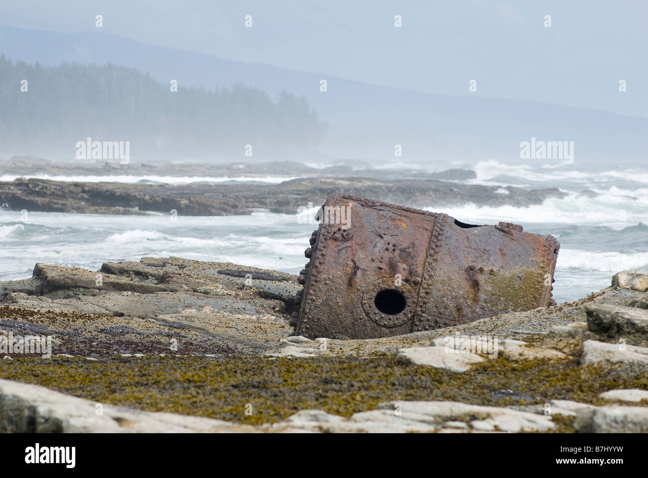 Rusty Steamship Boiler that has been in this place since the ship wrecked in 1898, Pacific Rim National Park, B.C. Stock Photo