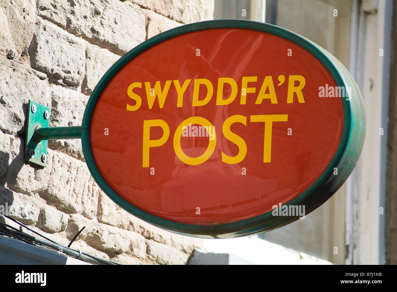 dh  SIGNPOST WALES Bilingual Post Office sign Welsh and English writing language signs two languages Stock Photo