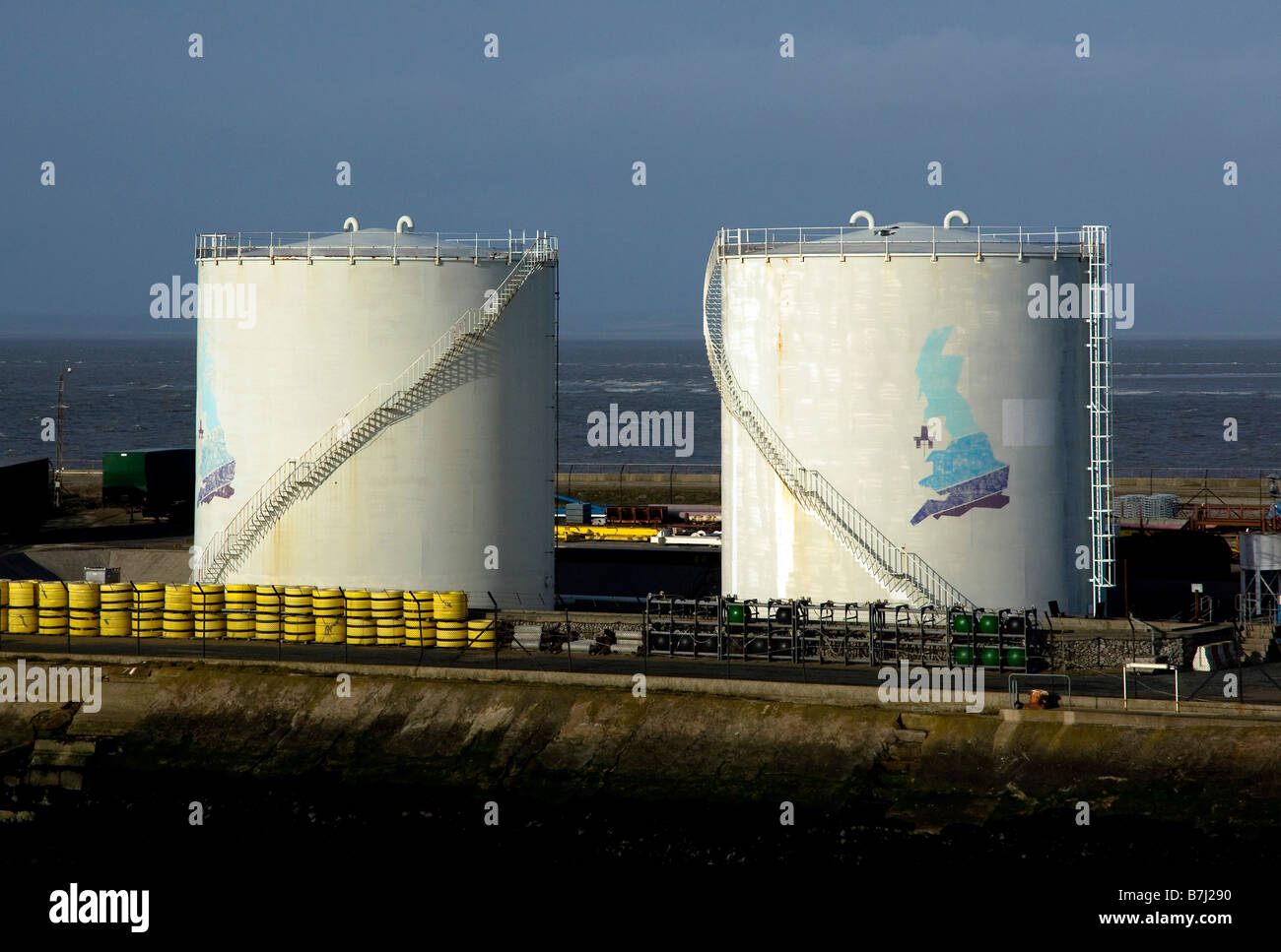 Dockside tanks used in Irish Sea gas drilling at Heysham docks, in