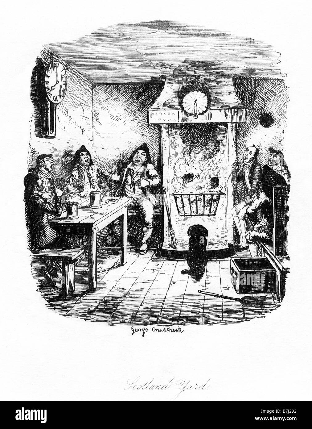 Sketches by Boz Scotland Yard illustration by George Cruikshank from Dickens of a public house on the site of Met Police HQ Stock Photo