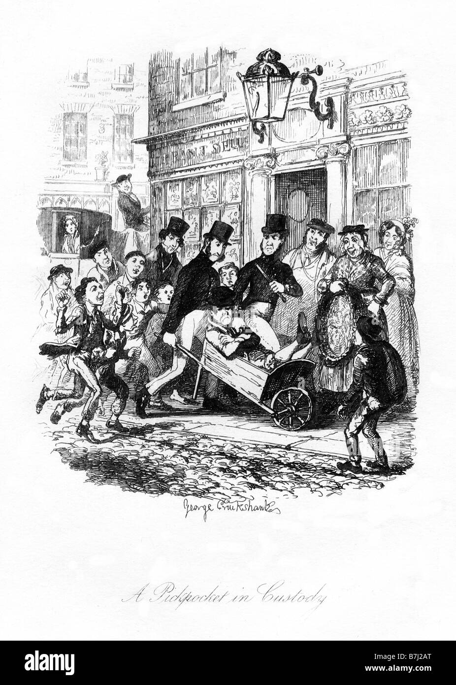 Sketches by Boz A Pickpocket In Custody illustration by George Cruikshank of the new Peelers in Dickens first book Stock Photo