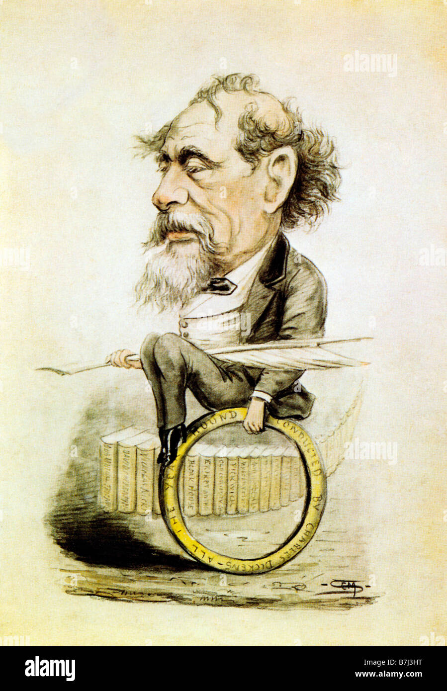 Charles Dickens Cartoon 1859 caricature of the author inspired by the publication of his monthly magazine All The Year Round Stock Photo